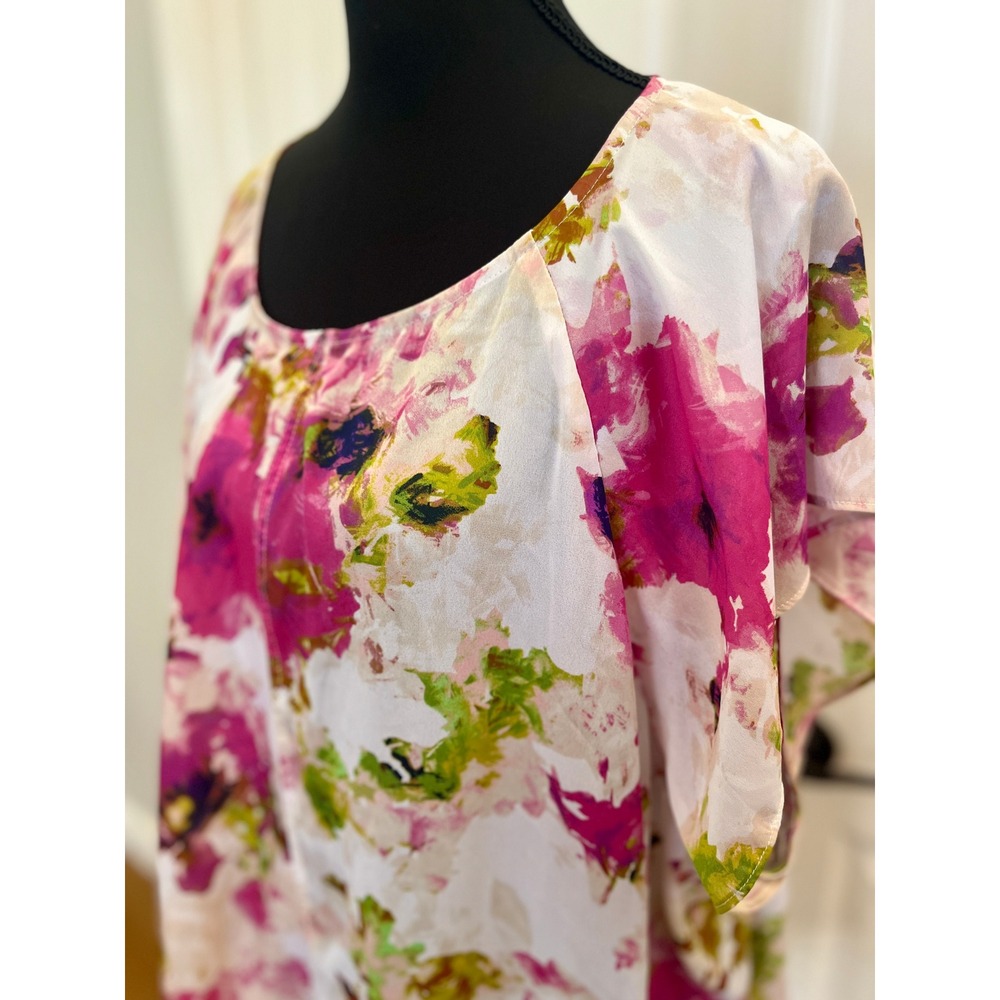 Liz Claiborne Plus Size 3X Watercolor Floral Ruffle Blouse Pink Flutter Sleeve